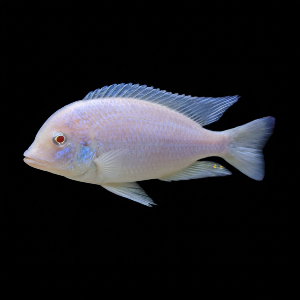 Healthy Albino Dolphin Cichlid (Cyrtocara moorii) photographed at Nero Labs