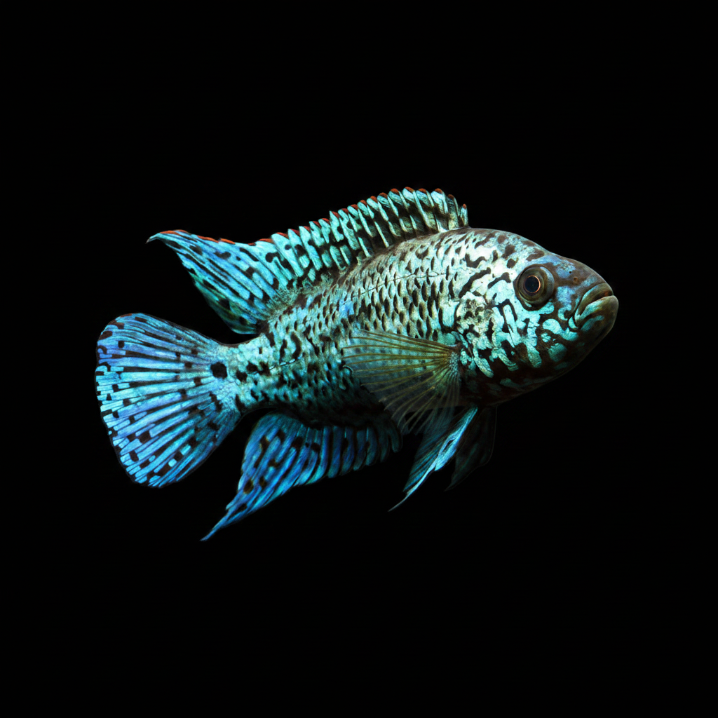 Healthy Electric Blue Jack Dempsey (Rocio octofasciata) photographed at Nero Labs