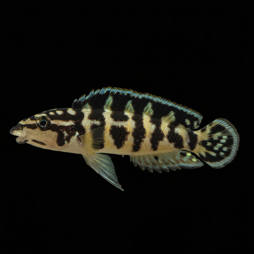 Healthy Gombe Julie (Julidochromis regani 'Gombe') photographed at Nero Labs