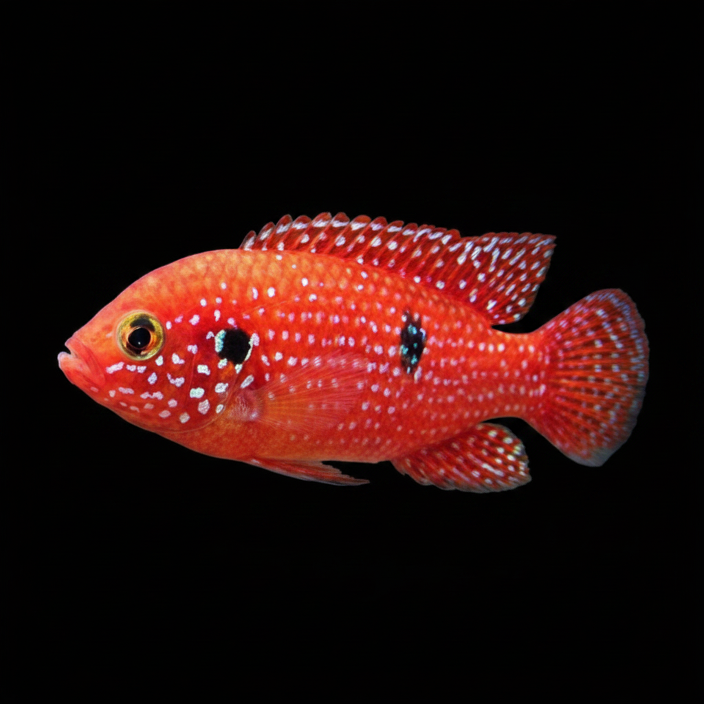 Healthy Jewel Cichlid (Hemichromis bimaculatus) photographed at Nero Labs