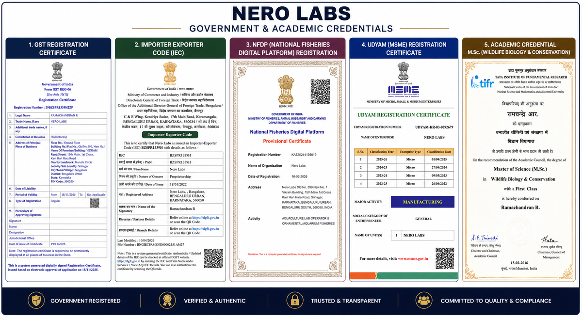 Nero Labs government and academic credentials banner displaying GST registration, Import Export Code (IEC), National Fisheries Digital Platform (NFDP) registration, Udyam MSME registration, and M.Sc. Wildlife Biology & Conservation academic qualification.